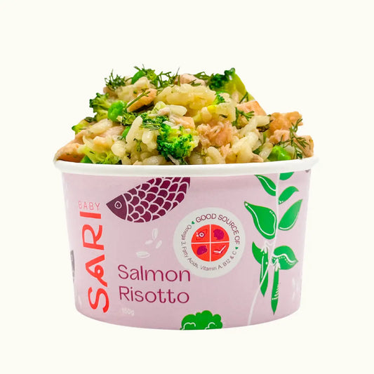 Salmon Risotto for Babies and Toddlers – A soft, creamy risotto made with pink salmon, broccoli, peas, and dill for brain-boosting nutrition.