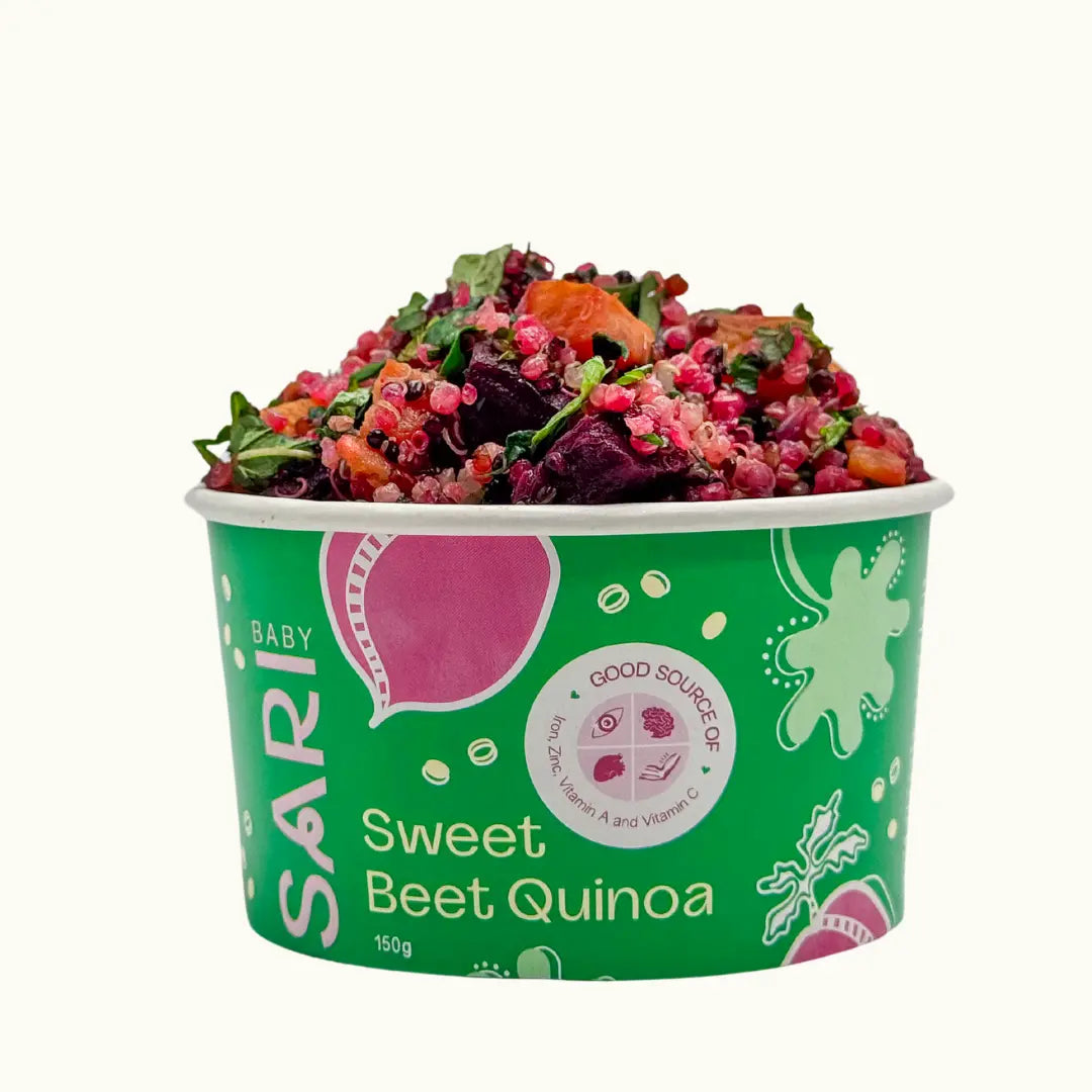 Sweet Beet Quinoa for Babies and Toddlers – A plant-based, nutrient-dense meal made with beetroot, quinoa, sweet potato, and chia seeds.