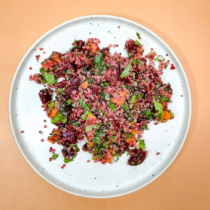 Sweet Beet Quinoa served with soft veggies – a vibrant, wholesome meal introducing natural sweetness and texture.